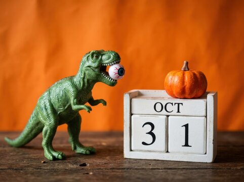 Dinosaur toy with eyeball and halloween calendar