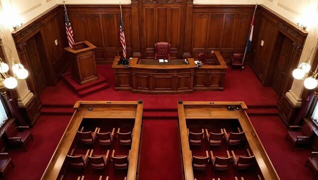 Empty courtroom interior with wooden judge bench red carpet and jury chairs