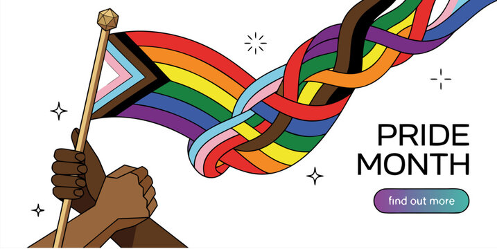 Raised hands holding a braided rainbow flag for pride month celebration