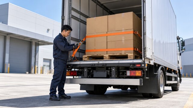 Worker secures boxes on a pallet using straps in a delivery truck at a loading dock in daytime