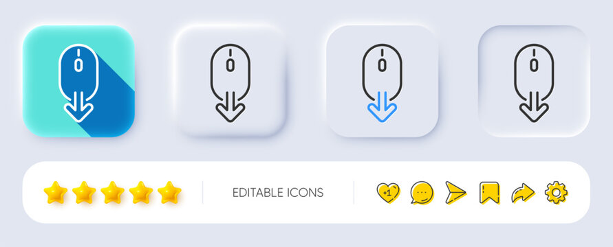 Scroll down mouse line icon. Neumorphic, Flat shadow, 3d buttons. Scrolling screen sign. Swipe page. Line scroll down icon. Social media icons. Vector