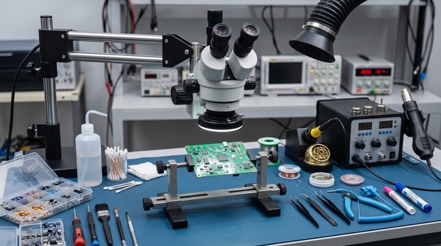 Professional electronics repair workbench with microscope and circuit board testing equipment.