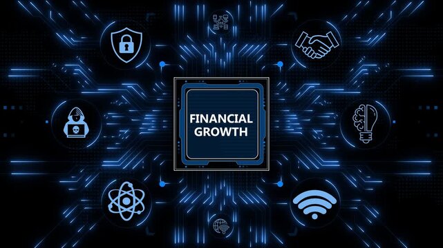 Financial growth digital interface featuring glowing circuit lines and tech icons for monetary growth, corporate cyber security, and innovation.