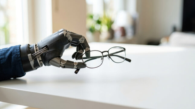 Assistive bionic hand device holding eyeglass frame above white table in bright interior with mechanical finger and blue sleeve