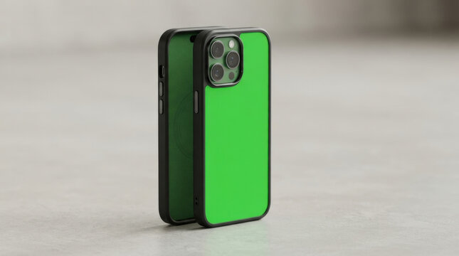Two modern black matte mobile phone cases with vivid green keying color backplate stand upright on textured gray studio floor.