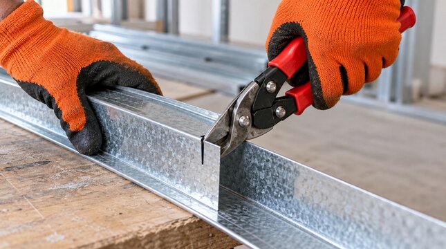 Manos recortando perfil galvanizado mediante tijeras para chapa 