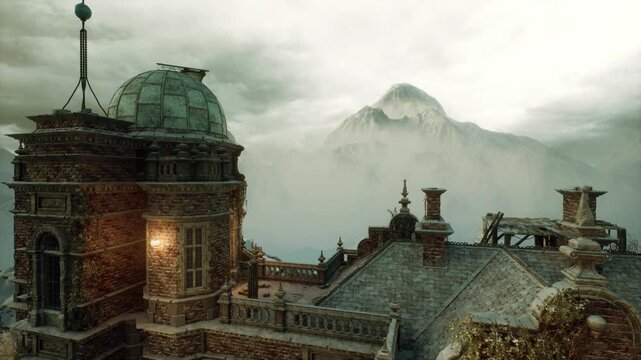 ornate observatory tower with warm lights, snowdusted rooftop and distant misty mountain, cinematic moody aesthetic, lantern glow through frosted windows,
