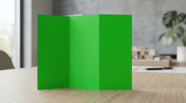 Folded green paper brochure or menu standing on wooden table in modern office space for presentation and marketing print design.