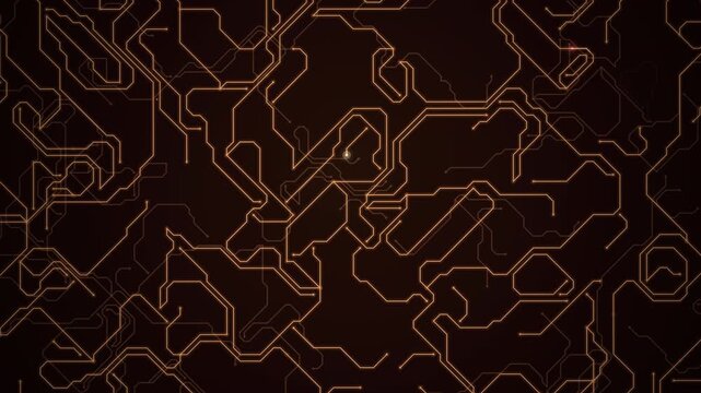 Abstract futuristic dark background with glowing orange circuit lines moving in a complex digital network pattern.