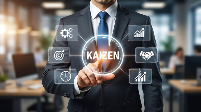 Businessman interacting with Kaizen continuous improvement digital graphic icon