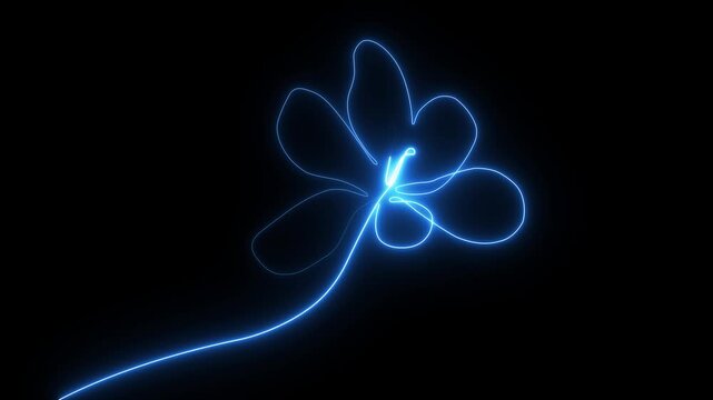 Glowing neon flower animation drawing made of continuous light lines showing a luminous blossom, a bright floral shape in dark background