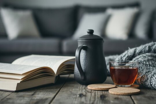 Cozy reading scene with a book, a teapot, and a cup of tea on a wooden table