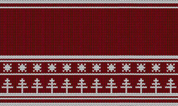 Red and White Knitted Christmas Seamless Pattern with Pine Trees and Snowflakes
