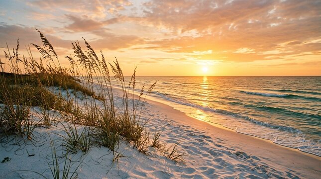 Golden sunset over a pristine white sand beach with turquoise water lapping the shore as tall sea oats sway in the warm coastal breeze