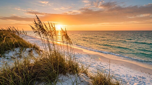 Golden sunset over a pristine white sand beach with turquoise water lapping the shore as tall sea oats sway in the warm coastal breeze