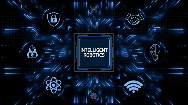Intelligent robotics text displayed on a central microchip circuit board surrounded by glowing digital interface icons representing futuristic