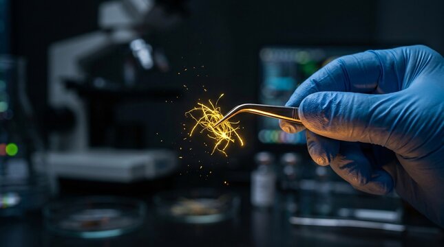 Forensic scientist in blue gloves uses tweezers to examine mysterious fibers glowing with intense unnatural gold light in a dark lab