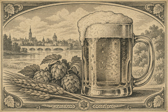 ビールジョッキと麦とホップを描いた装飾枠付きのレトロな版画風イラスト