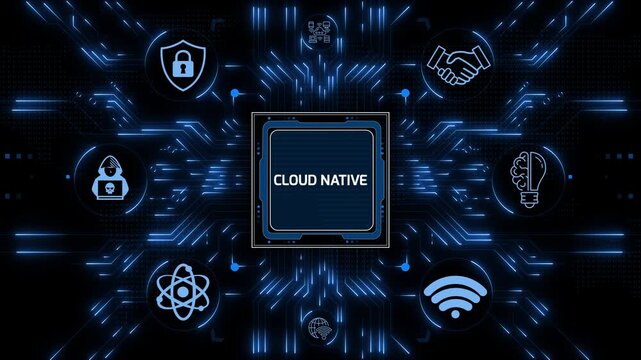 Cloud native technology concept shown with central microchip processor and digital icons around a dark circuit board background for cloud computing
