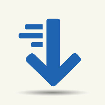 Blue download arrow icon with speed lines flat vector illustration showing fast downloading and downward direction for app website interface and file transfer concept isolated on light background