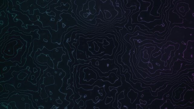 Abstract topographic map lines in dark blue and purple gradient on a black background, representing elevation changes and terrain contours