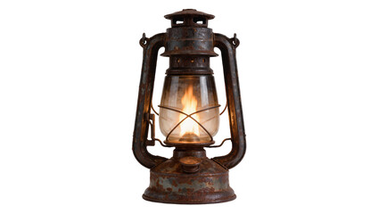 Antique rusty kerosene lantern with glowing flame, isolated on transparent background © Alexandra