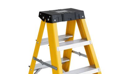 Yellow fiberglass step ladder with black top platform, isolated on transparent background © Alexandra