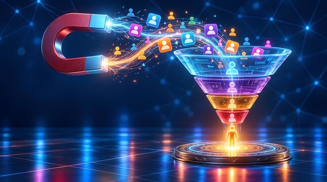 Digital marketing funnel concept with giant magnet attracting customer profile icons into glowing conversion process structure