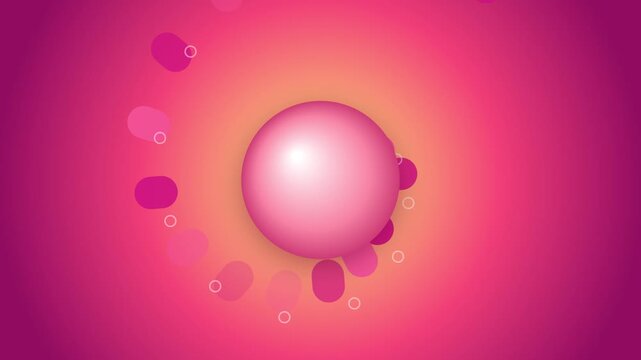 Abstract circular loading animation with a central pink sphere surrounded by rotating glowing particle elements and floating rings on a vibrant gradient purple and orange background for digital UI
