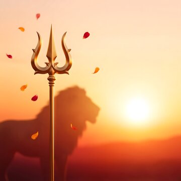 Golden trishul symbol of Goddess Durga standing before a lion silhouette at sunset with falling petals, perfect for Navratri and spiritual festival backgrounds.