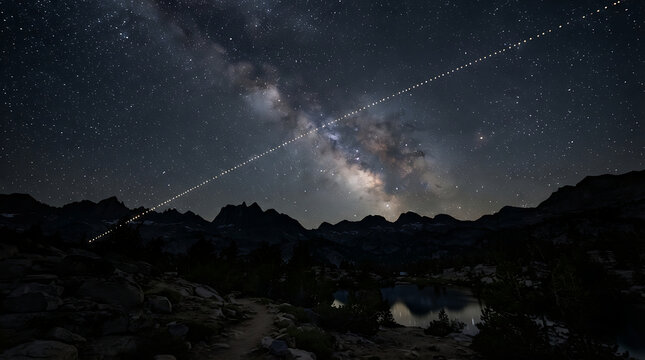 Long exposure light trail of satellite crossing milky way galaxy over
