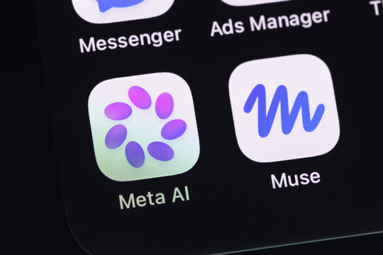 Meta AI, Muse icon mobile app on a screen smartphone iPhone closeup. Meta AI is an AI-powered virtual assistant developed by Meta Platforms. Batumi, Georgia - October 3, 2026