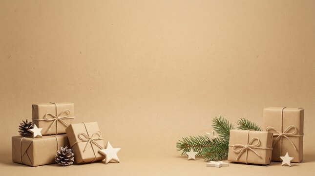 Minimalist holiday flat lay featuring wrapped gift boxes, pine branches, and wooden stars