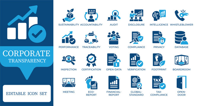 Corporate transparency and business governance vector icon set. ESG compliance, audit report, accountability, whistleblower, and legal verification icons in linear glyph style