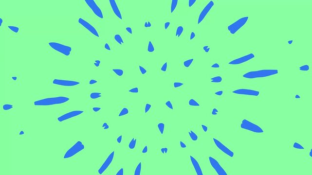 Bright green background with blue geometric shapes. Symmetrical patterns radiate outward from center. Vibrant colors create dynamic, energetic visual effect. Ideal for abstract, modern