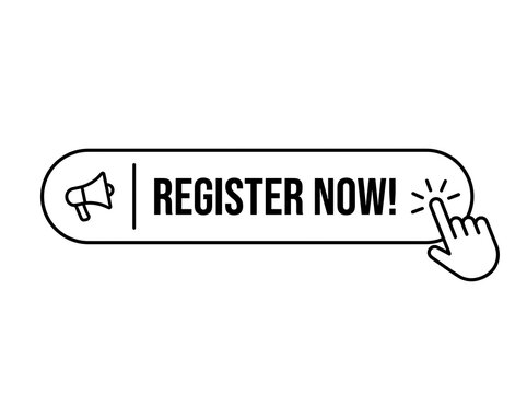Register now button with megaphone and cursor click icon isolated on white background