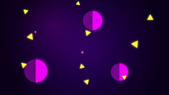 Abstract motion graphic animation featuring purple circles with neon wave textures and floating yellow triangles on a dark background for modern creative digital media projects and screen video conten