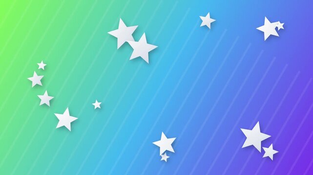 Abstract Motion Graphics Background Featuring Floating White Stars on a Vibrant Gradient Blue and Green Backdrop with Diagonal Strips Pattern and Smooth Animated Particle Motion for Modern Video Desig