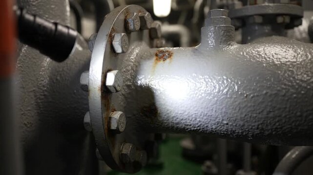 Close-up inspection of a rusted industrial pipe flange using a bright flashlight in a factory