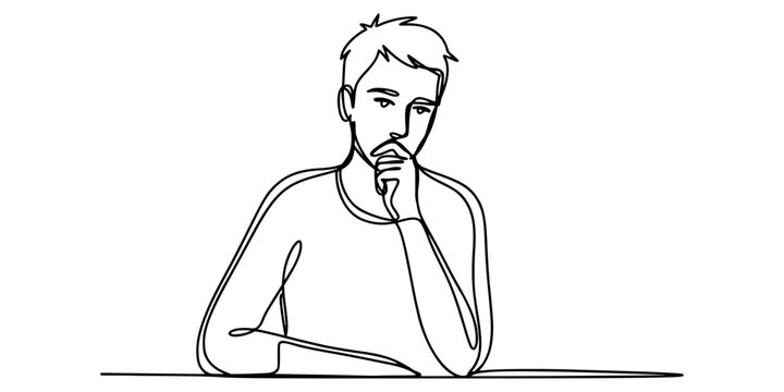 Continuous single line drawing of a young man thinking with his hand on his chin looking serious and focused in a simple style