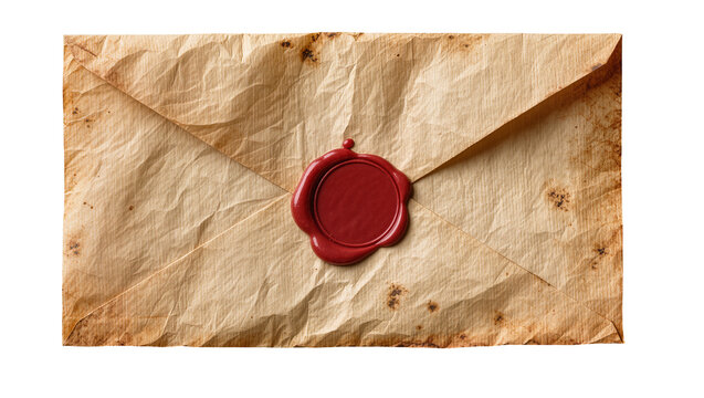 Old crumpled parchment envelope sealed with red wax, isolated on transparent background
