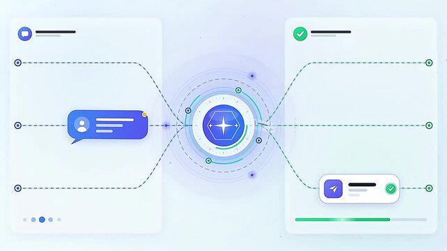 AI Workflow Integration and Data Routing Animation with Central Hub and Chat Messages
