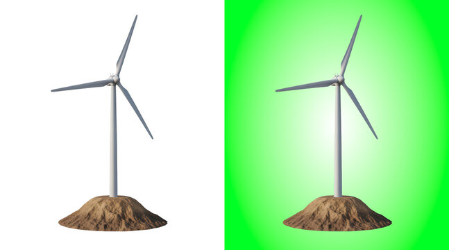 Wind turbine standing on a small mound of earth, isolated on a white background view