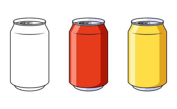 Three soda cans line art, red, and yellow