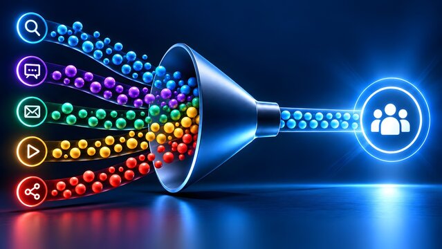Concept of omnichannel marketing funnel aggregating customer data from digital platforms into targeted lead generation