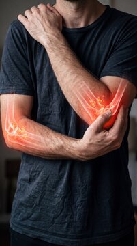 Man Holding Both Aching Elbows, Glowing Red Joint Inflammation Concept