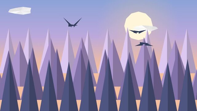 Low Poly Landscape Animation With Purple Mountains And Flying Birds