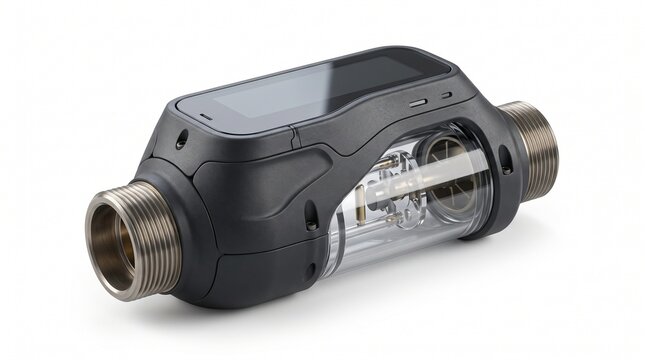Industrial digital flow meter, modern smart inline liquid sensor device, electronic pipe measurement equipment with screen