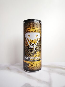 Kobra energy drink can apple flavour on white neutral background 