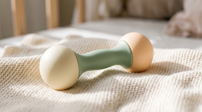 Pastel Baby Dumbbell Rattle on Cozy Blanket